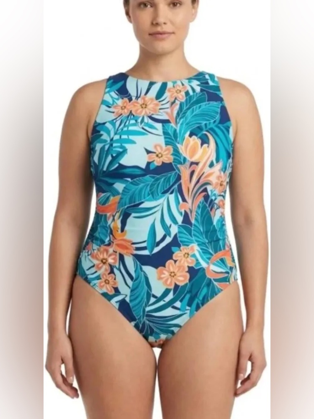NWT Jantzen Temple Peach Tropical Floral High Neck One Piece Swimsuit Size 14